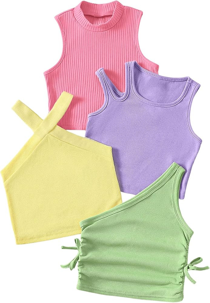 OYOANGLE Toddler Girl's 4 Pack Ribbed Knit Crop Tank Tops Set One Shoulder Summer Camisole | Amazon (US)