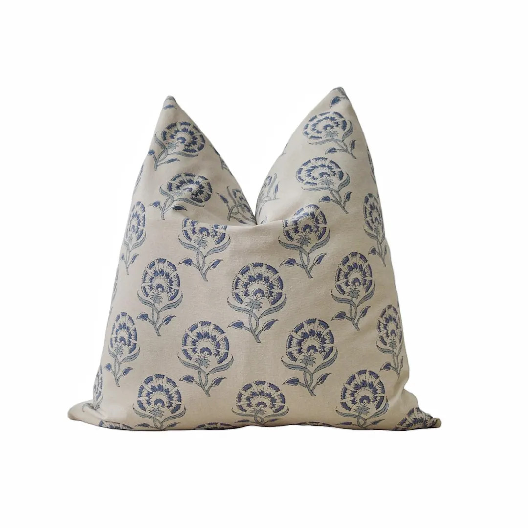 Vintage Blue Flax Block Floral Pillow Cover || navy blue flower, printed pattern, designer cushio... | Etsy (US)