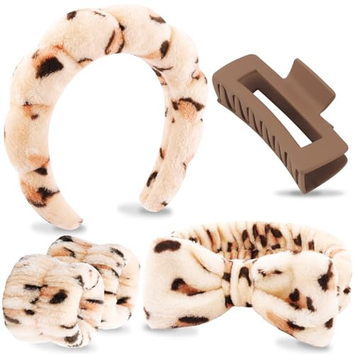 VELSCRUN Spa Headbands for Wash Face, Makeup Headband, Facial Skincare Headbands, 5 Pcs Brown Leopard Puffy Sponge Spa Headband Bow Tie Hair Band Hair Clips Wristband Set Women Girls Accessories | Amazon (US)