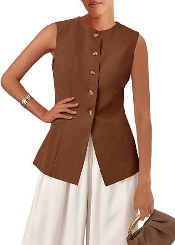 KIRUNDO Vest Tops for Women Trendy Dressy Business Casual Outfits 2026 Summer Sleeveless Fitted Blazer Work Suit Waistcoat(Brown, XX-Large) | Amazon (US)