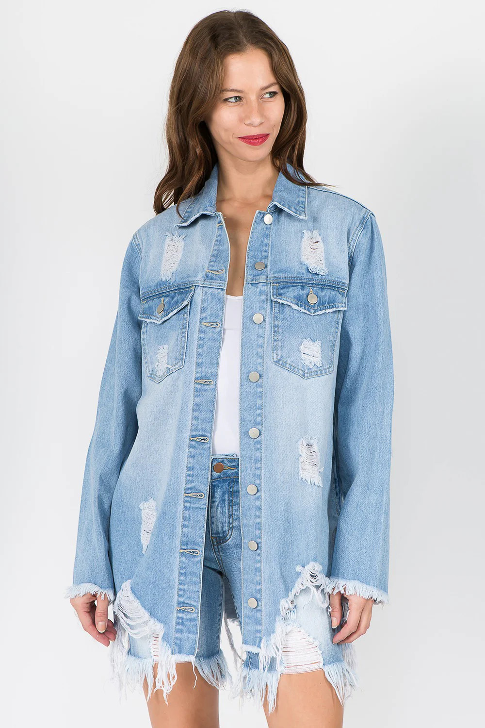 American Bazi Distressed Frayed Hem Denim Jacket LT Blue / L | Casual Chic Boutique