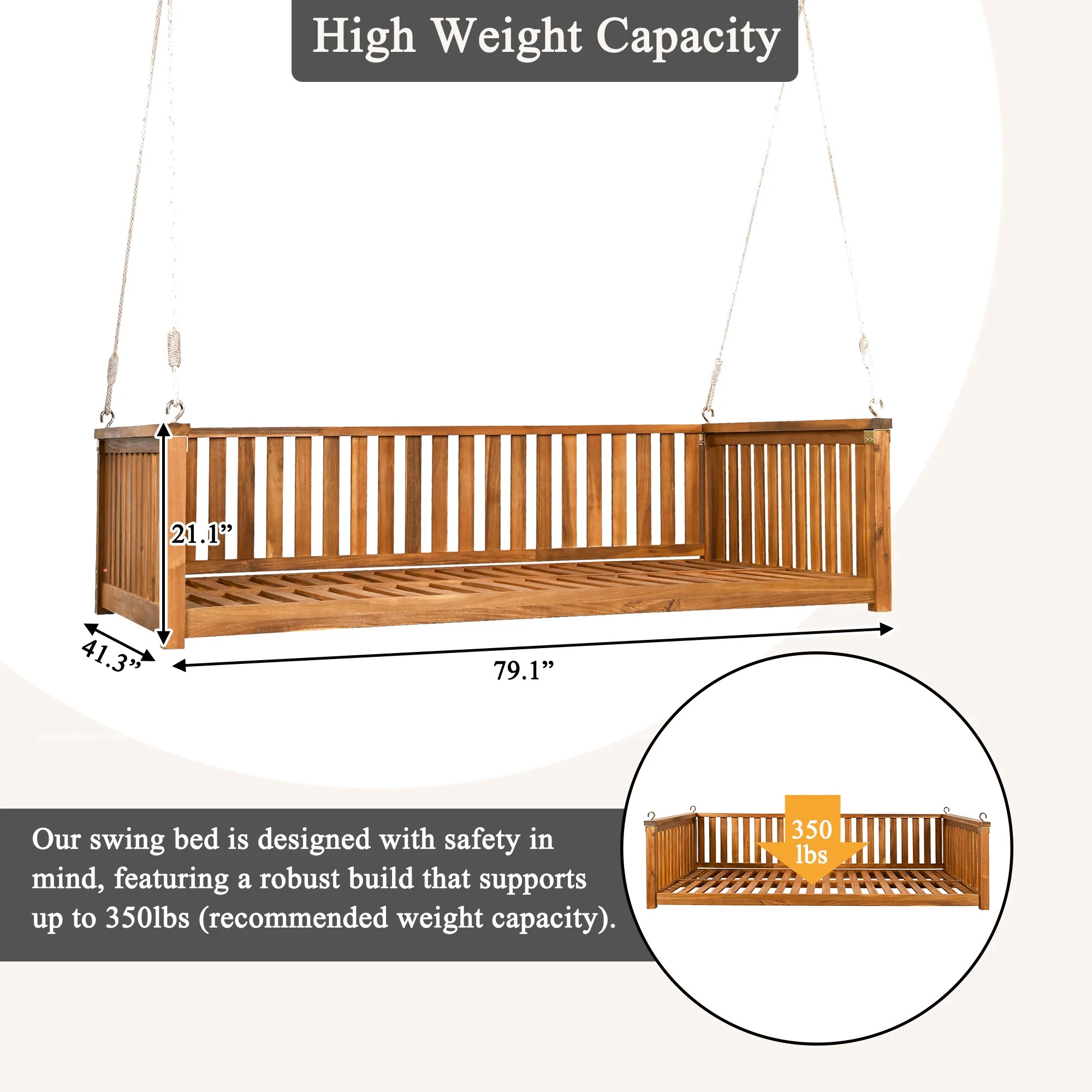 Newboti Furniture Patio Minimalist Twin Size Garden Swing Bed Wood Porch Swing with Ropes for Bac... | Walmart (US)