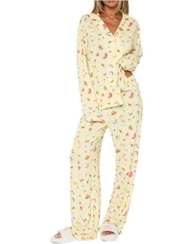 FHNUVB Womens 2 Piece Fruit Pajamas Set Cute Pjs Button Down Long Sleeve Wide Leg Y2K Coquette Fall Lounge Set Sleepwear S-XL | Amazon (US)
