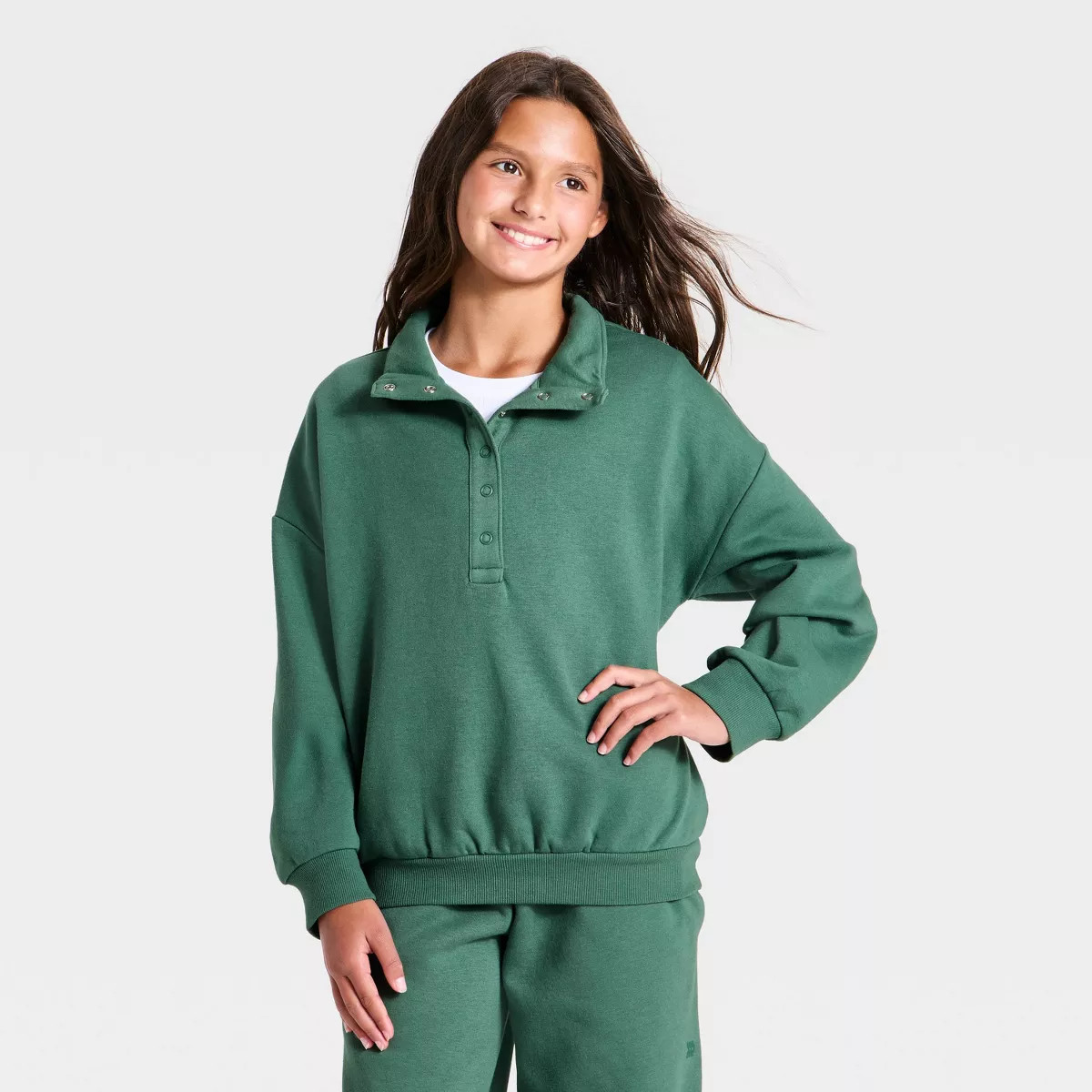 Girls' Active Comfort Fleece Relaxed Henley 1/2 Snap Pullover Sweatshirt - All In Motion\u2122 Da... | Target