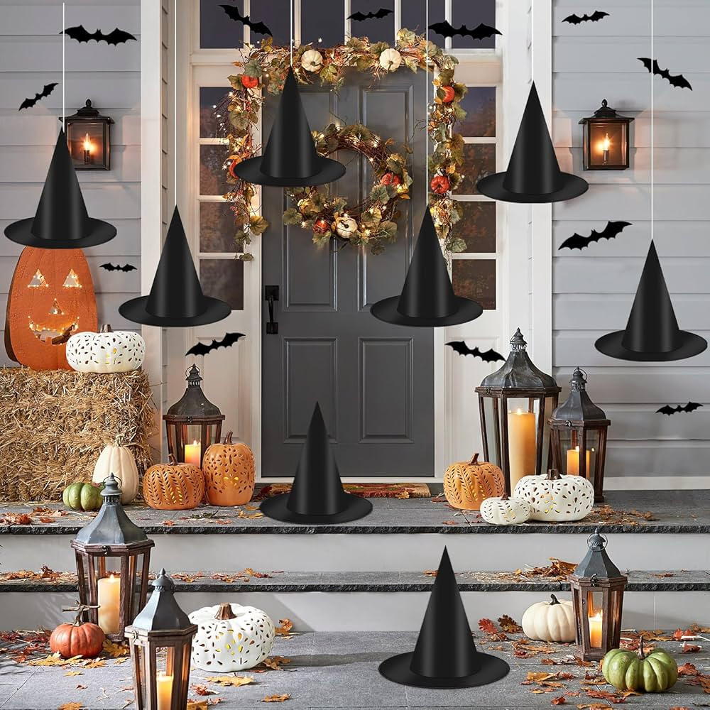 12 PCS Black Witch Hat with Hanging Rope, 16 PCS 3D Bats Stickers for Halloween Indoor Outdoor Ya... | Amazon (US)