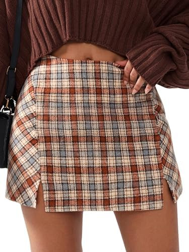 EXLURA Women's Fashion Faux Wool Mini Skirt High Waisted Y2K Trendy Side Slit Tweed Plaid Skirts ... | Amazon (US)