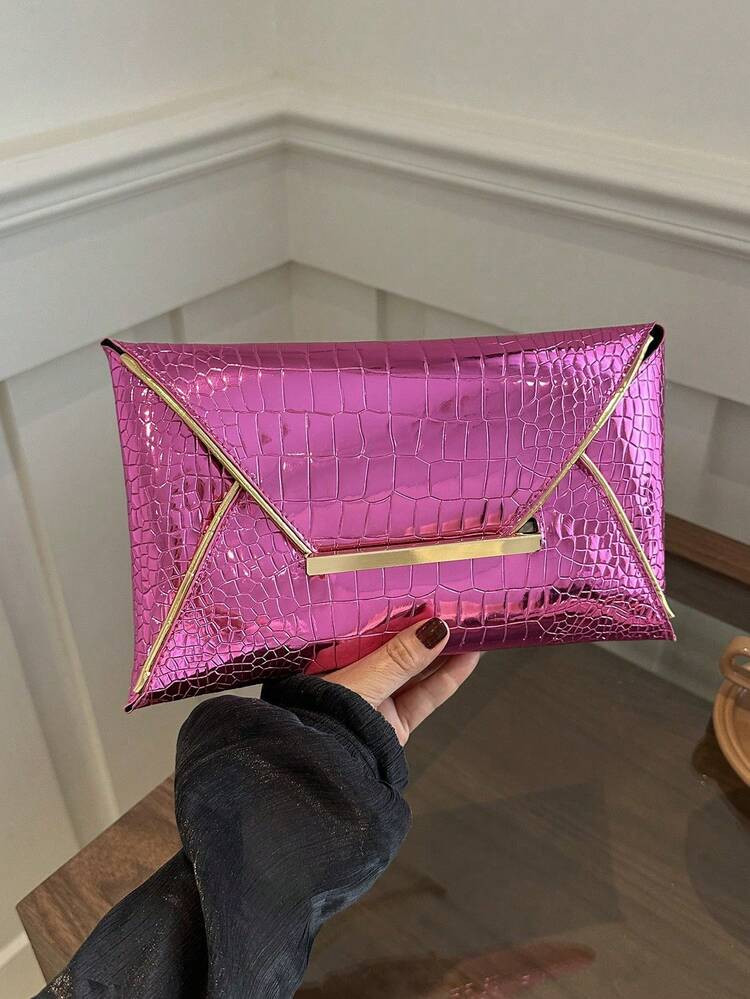 Crocodile Embossed Plain Sequin Minimalist Casual PU Clutch Envelope Purse | SHEIN