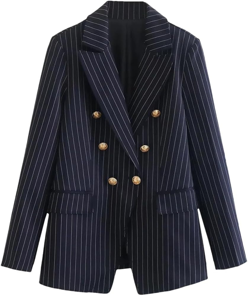 Women Striped Chic Office Blazers Coats Casual Lapel Button Long Sleeve Double Breasted Slim Blaz... | Amazon (US)