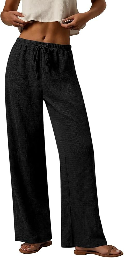 PRETTYGARDEN Womens Summer Elastic Waist Textured Flowy Palazzo Pants for Women Casual Wide Leg P... | Amazon (US)
