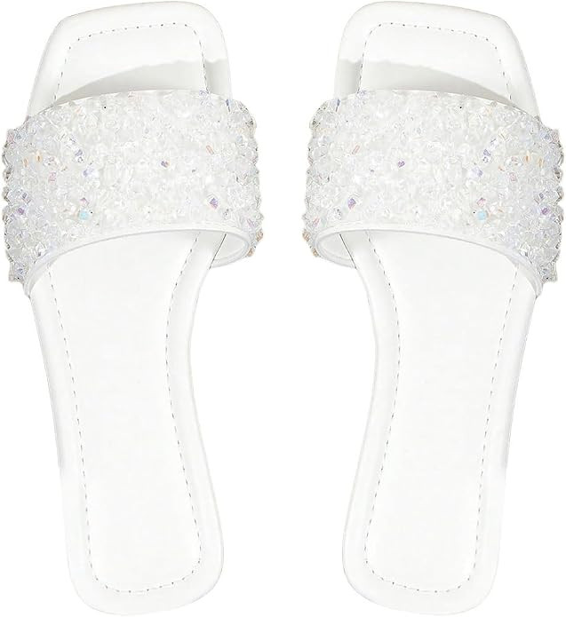 GORGLITTER Women's Sparkly Rhinestone Flat Sandals Bling Slip on Open Toe Slide Sandals Summer Sq... | Amazon (US)