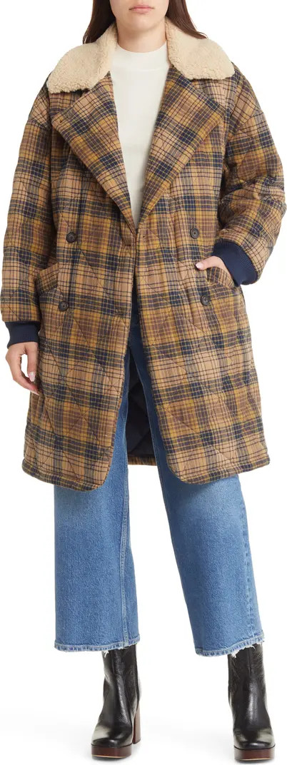 Quilted Plaid Double Breasted Coat with High Pile Fleece Collar | Nordstrom Rack