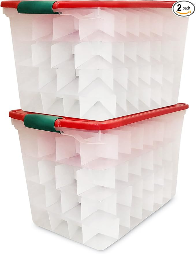 HOMZ 2-Pack Holiday Tote, Clear Plastic Storage Bins w/Lids & Dividers, 112 Quart, Red - Stackabl... | Amazon (US)