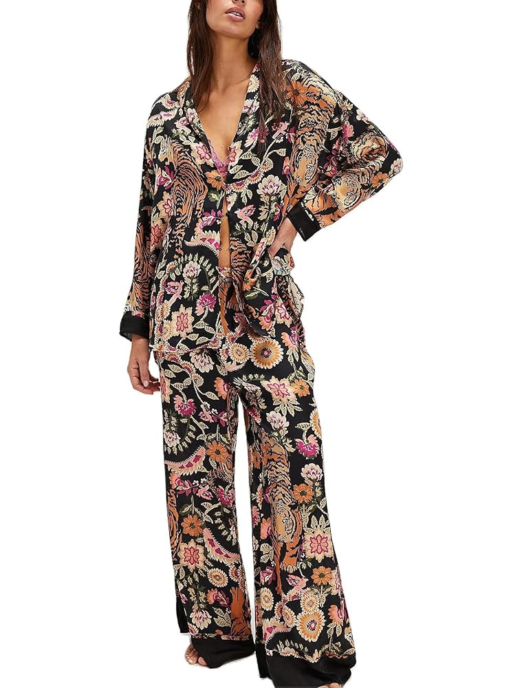 Womens Y2k Silk Pajama Sets Floral Print Long Sleeve Button Down Shirts Wide Leg Pants 2 Piece Lo... | Amazon (US)