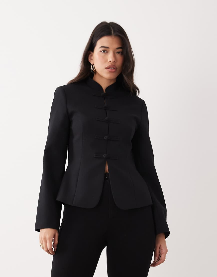 ASOS DESIGN cinched mandarin collar blazer in black | ASOS (Global)