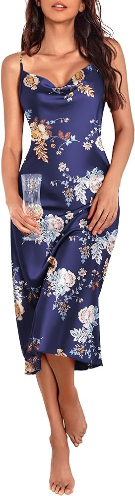 Ekouaer Womens Satin Nightgown Spaghetti Straps Elegant Midi Dress Sleepwear Cowl Neck Chemises S... | Amazon (US)