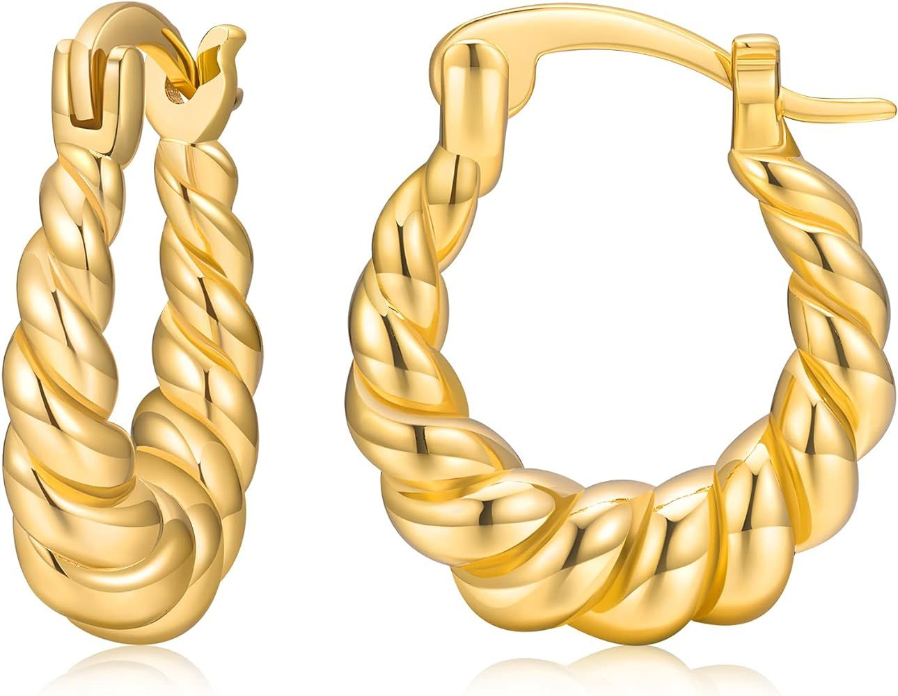 JINEAR Twisted Hoop Earrings 14K Gold Plated Small Croissant Chunky Hoop Earrings Lightweight 15m... | Amazon (US)