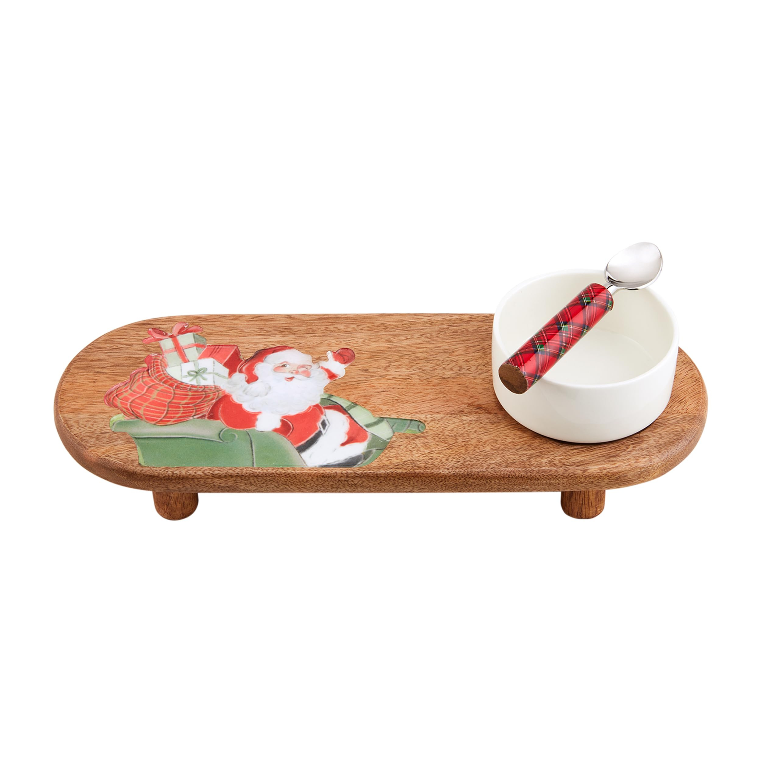 Mud Pie Xmas Wood Enamel Dip Tray; tray 5" x 13" | dip 2" x 3 3/4" dia | spoon 5 1/2" | Amazon (US)