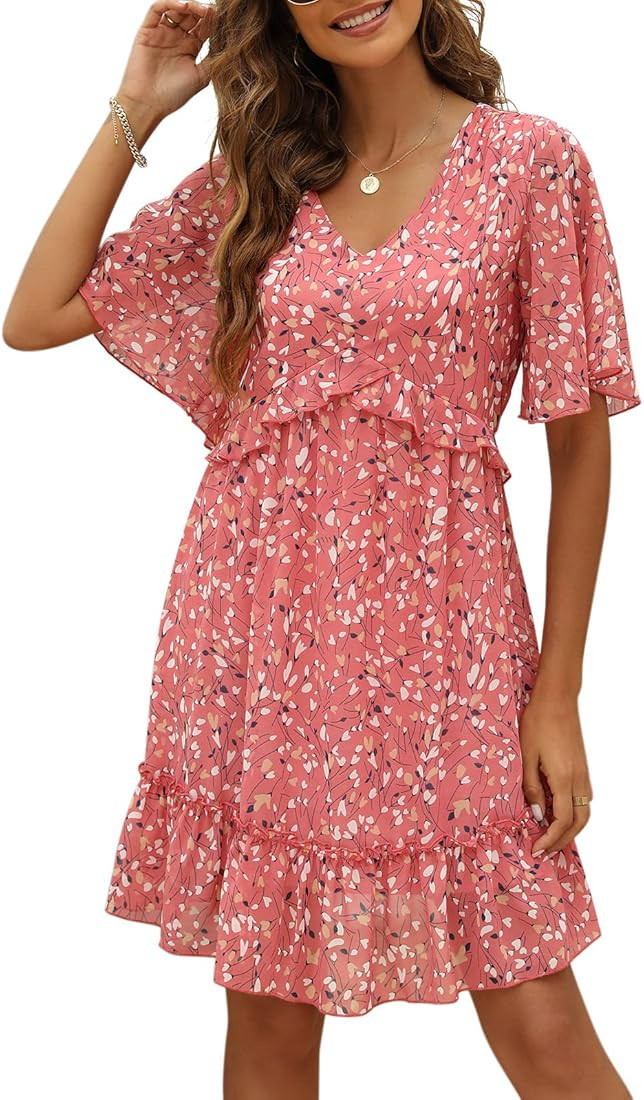 Manydress Women's Chiffon Floral Print V Neck Casual Mini Boho Ruffle Swing Dress MY068 | Amazon (US)