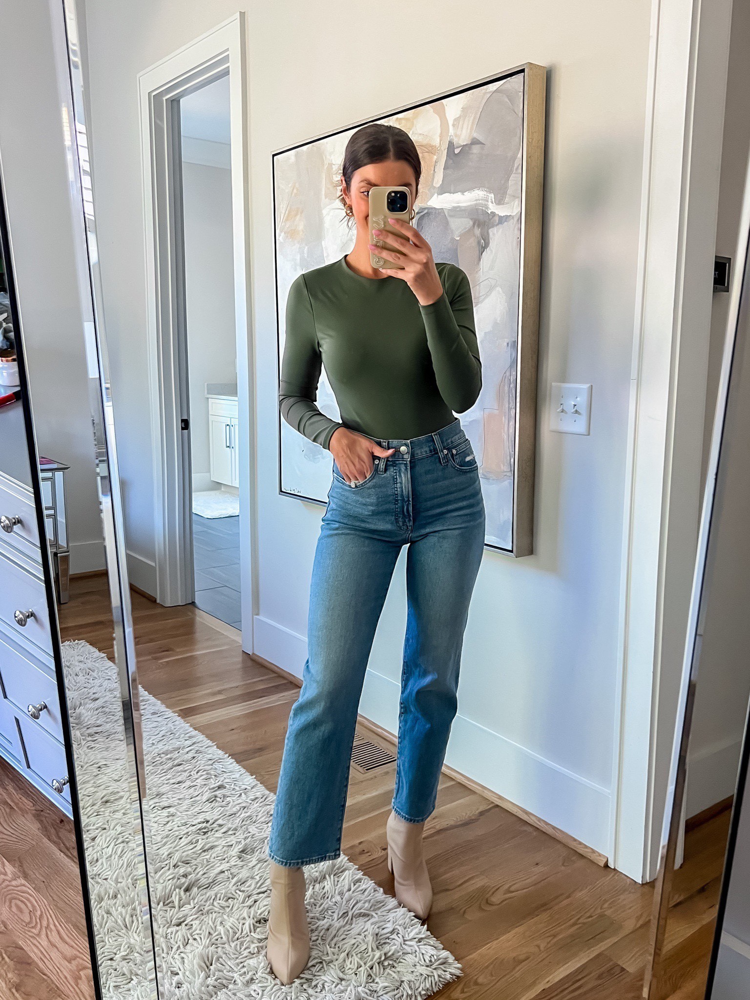 Fall / seasonal outfit idea. Casual long sleeve bodysuit paired with a straight jean & boot. Perfect outfit for the cooler weather  

#LTKstyletip #LTKshoecrush #LTKSeasonal