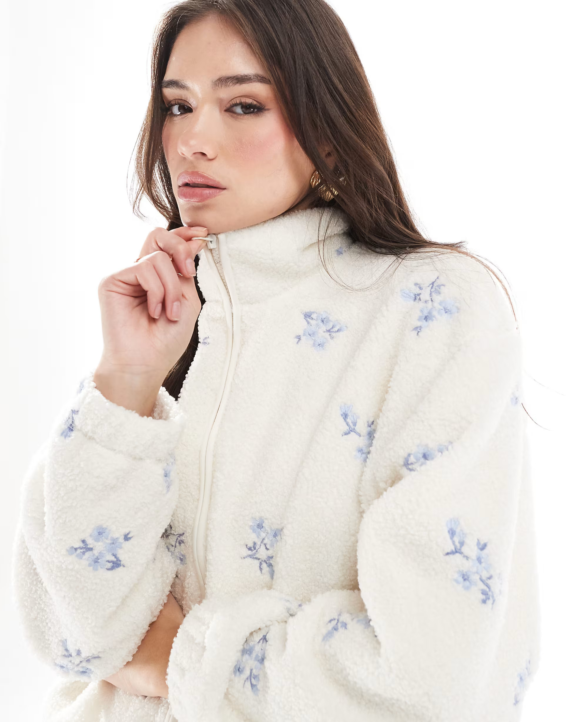 Hollister embroidered sherpa lined fleece jacket in white floral | ASOS (Global)