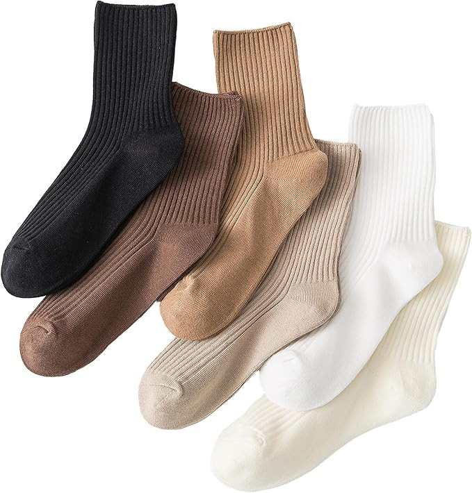 6 Pairs Cotton Crew Socks for Women - Neutral Tan High Socks | Amazon (US)