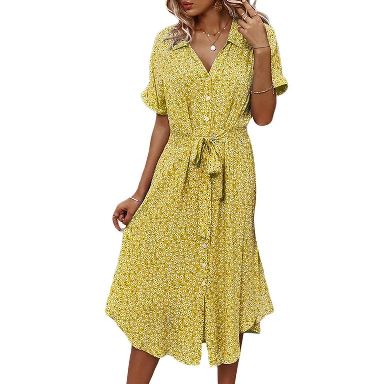 Spring hue Women's Button Midi Dress, Short Sleeve Floral Print Shirt Dress | Walmart (US)