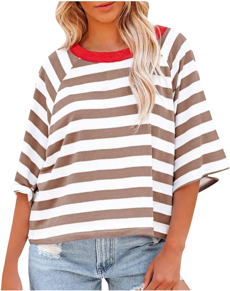 Womens Summer Tops Striped Color Block Short Sleeve Crewneck Shirt Y2k Tops 2024 Oversized Tshirt... | Amazon (US)