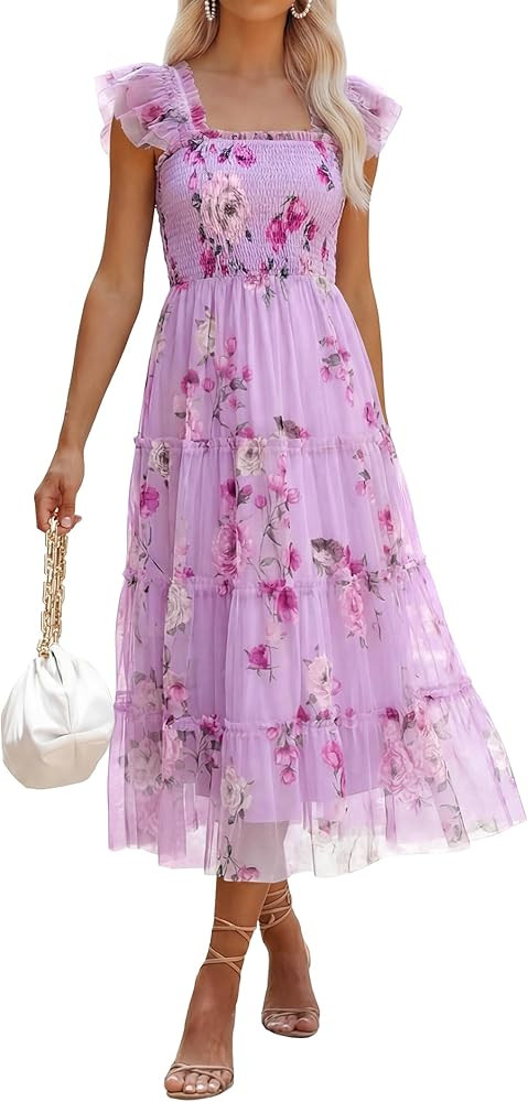ANRABESS Women Summer Floral Midi Dress Sleeveless Boho Flowy Smocked RuffleTulle Beach Vacation ... | Amazon (US)