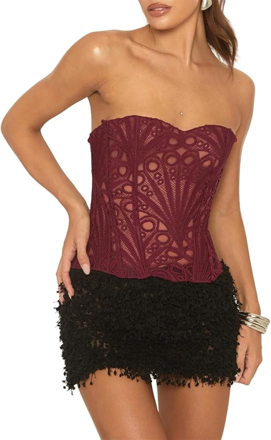 Alyweatry Women Lace Floral Corset Top Strapless Sexy Textured Semi-Sheer Floral Lace-Up Going Ou... | Amazon (US)