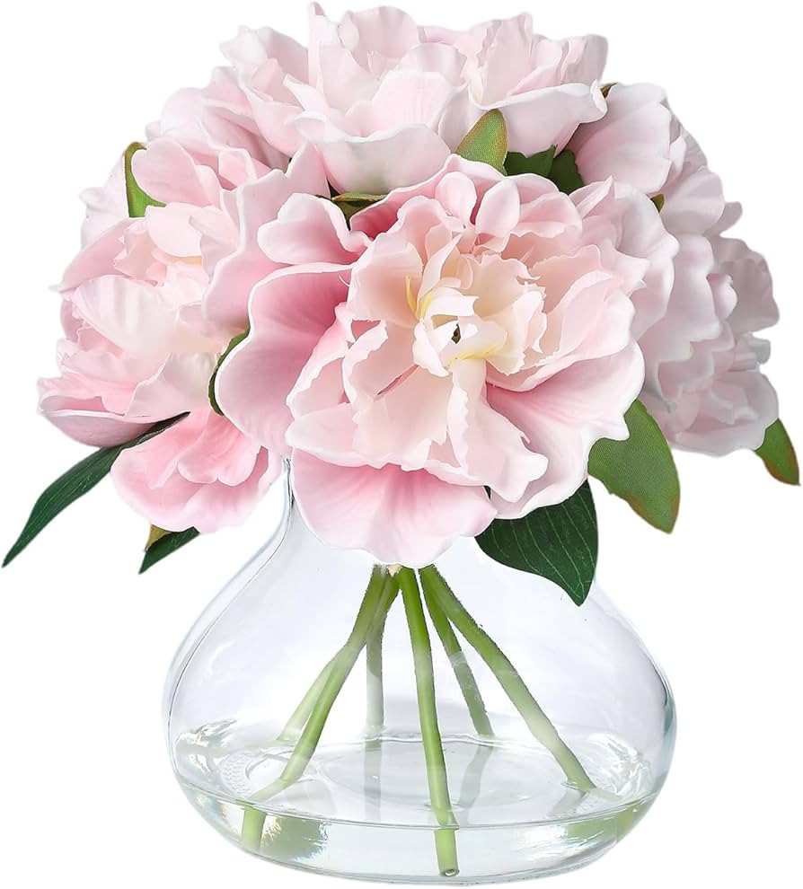 Pink Peonies Artificial Flowers with Glass Vase, Silk Faux Peony Flower Arrangement with Faux Wat... | Amazon (US)