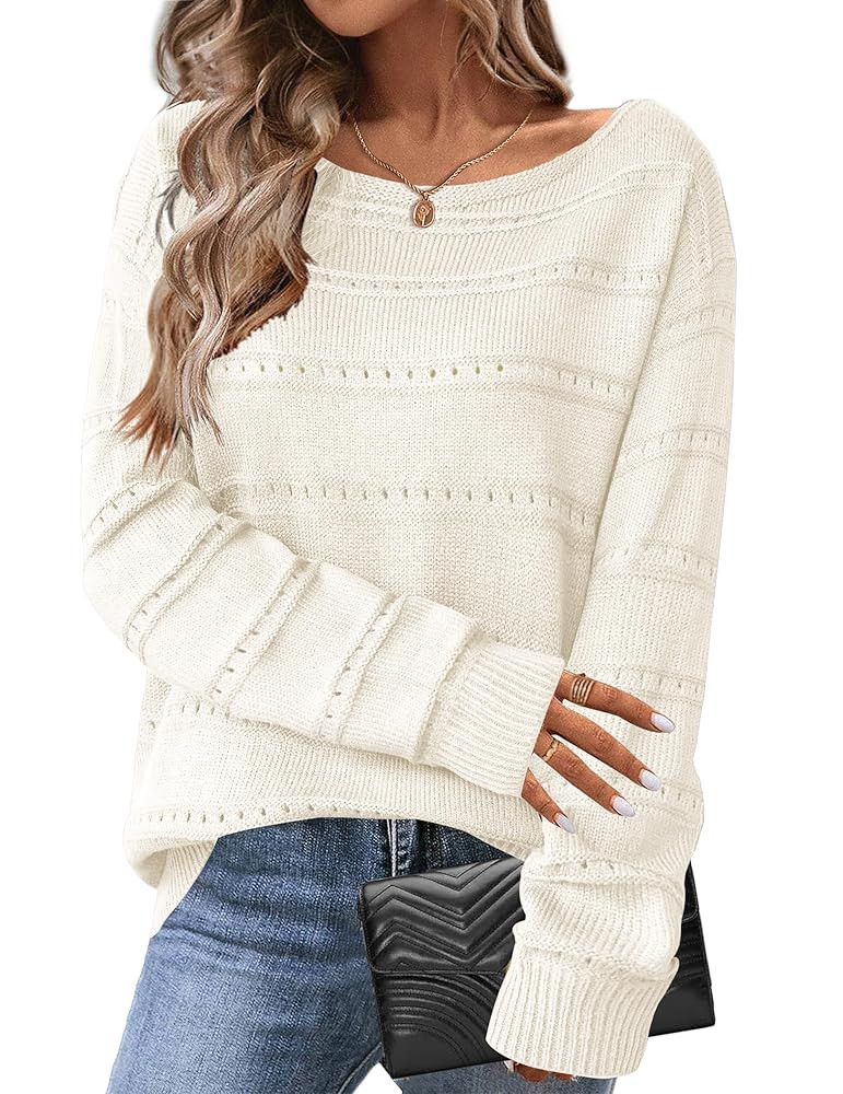 Zeagoo Womens Sweaters Cute Long Sleeve Off The Shoulder Pullover Tops Hollow Out Crochet Dressy ... | Amazon (US)