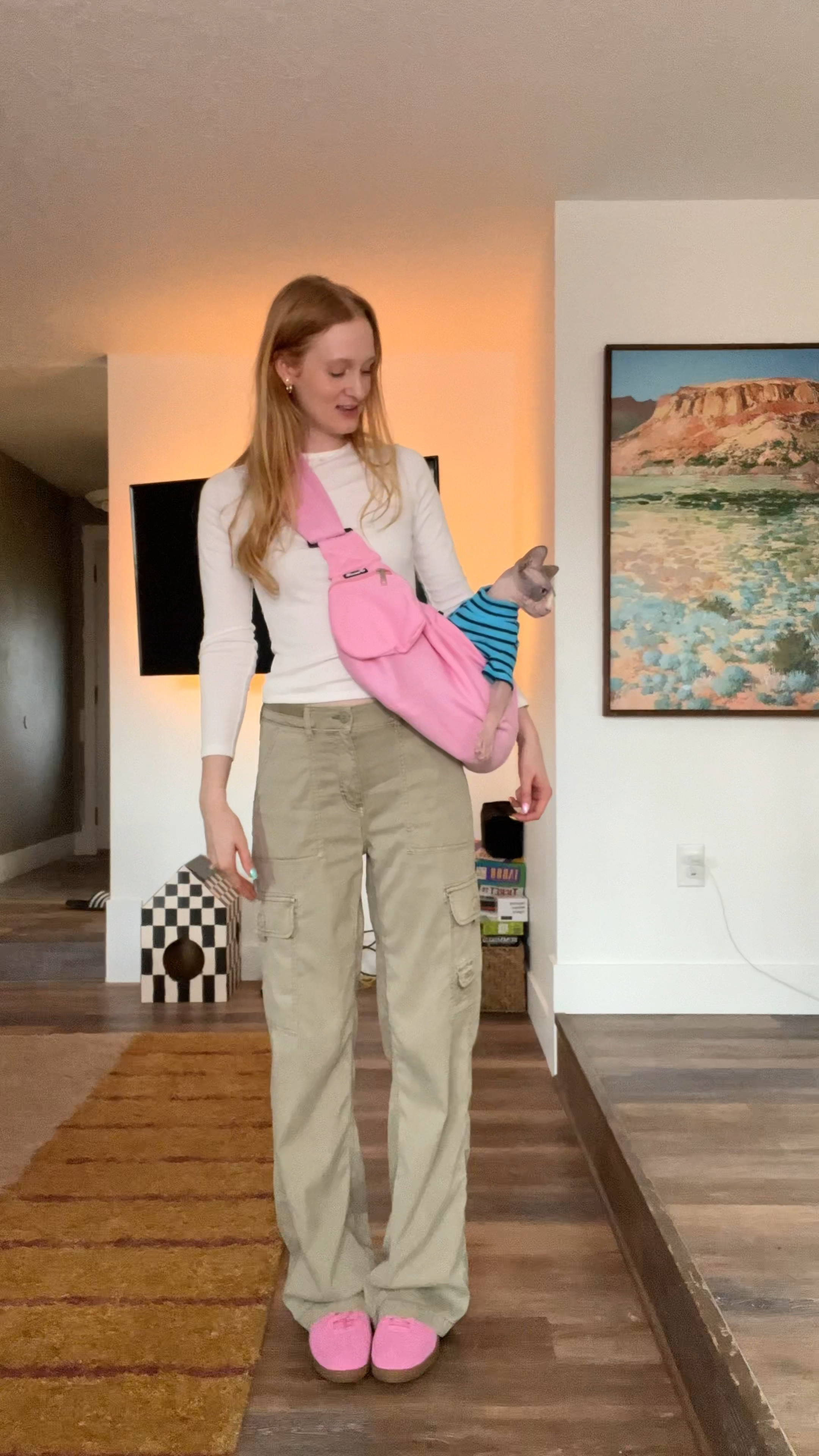 American Eagle cargo pants wearing size 4L, Puma Palermo pink sneakers and Abercrombie shirt. Cat purse is from Amazonn

#LTKstyletip