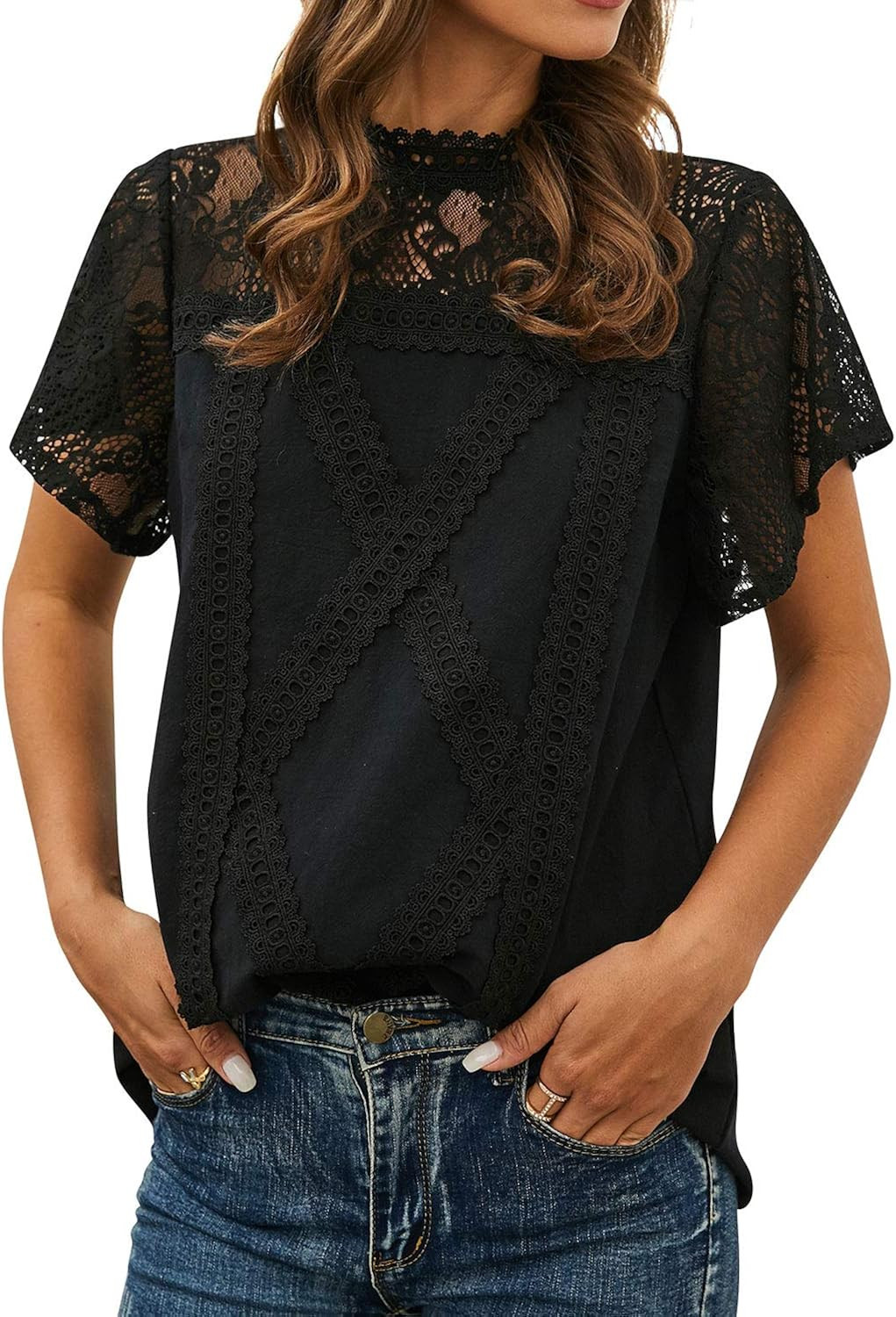 ZXZY Women Cute Lace Blouse Top Short Sleeve Lace Hollow Out Turtle Neck T Shirt | Amazon (US)