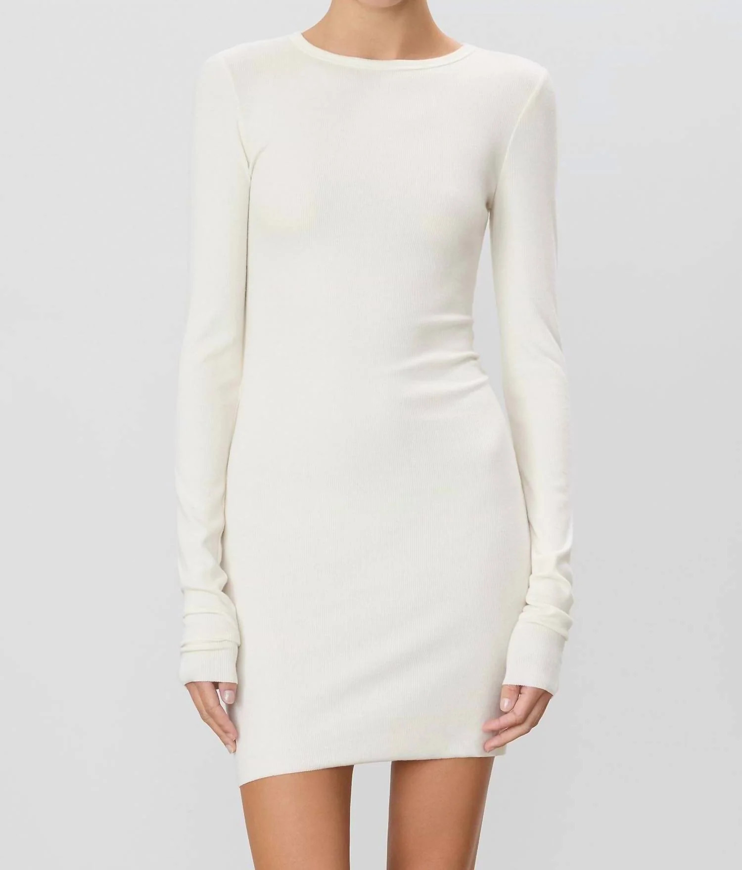 Long Sleeve Crewneck Mini Dress In Cream | Shop Simon