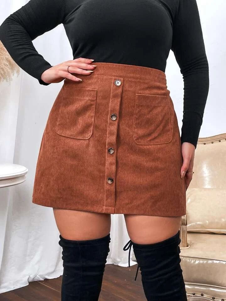 SHEIN Frenchy Plus High Waist Dual Pocket Single Breasted Corduroy Skirt | SHEIN