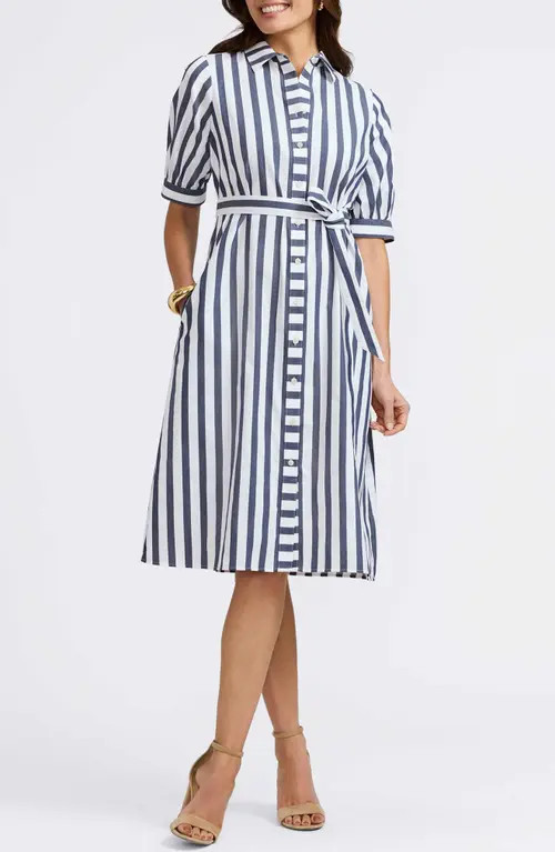 Foxcroft Esther Stripe Shirtdress in Navy/White at Nordstrom, Size Medium | Nordstrom