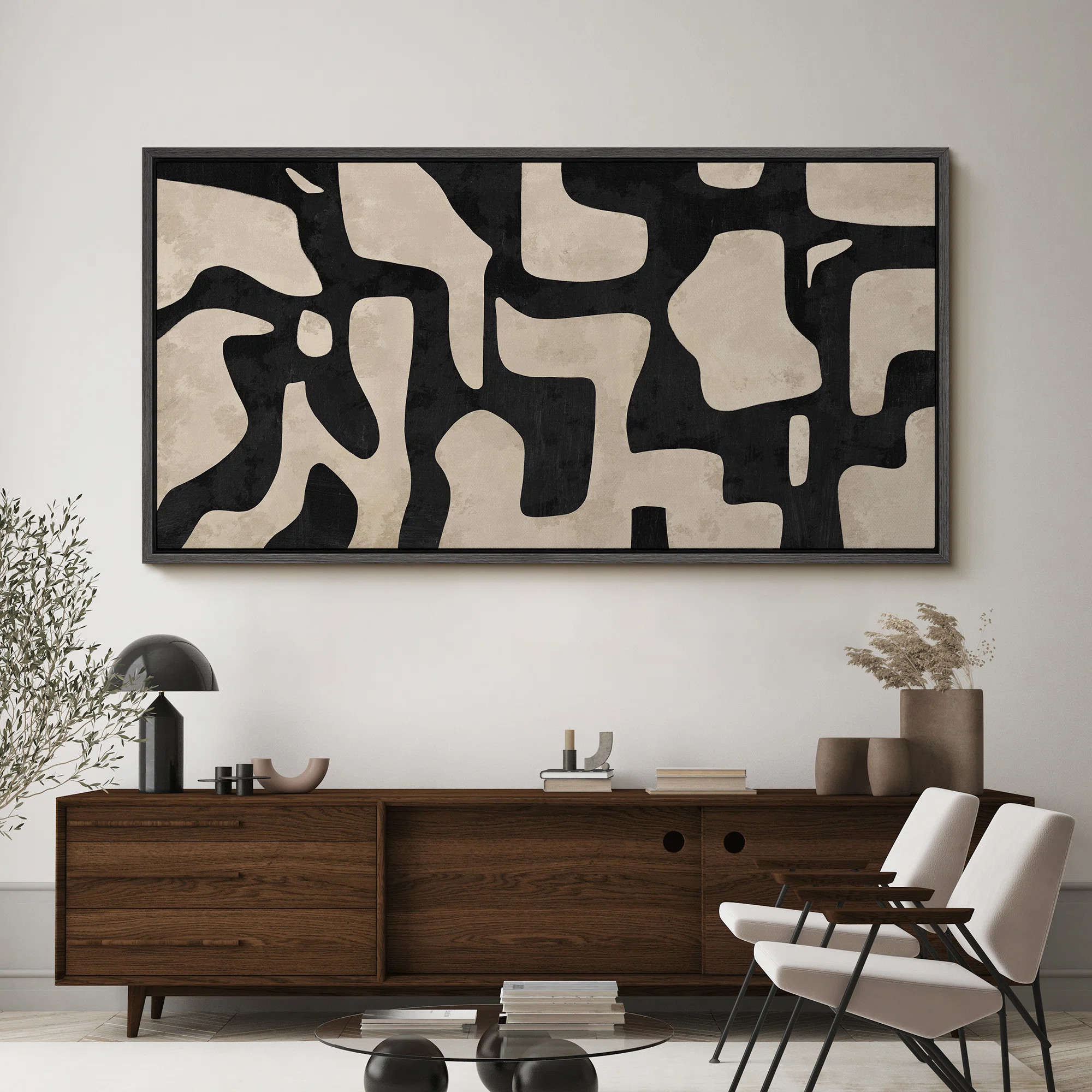 Mid Century Shape Abstract Contours, Black And White Beige Artwork, Retro Bedroom Home Decor, Ext... | Wayfair North America