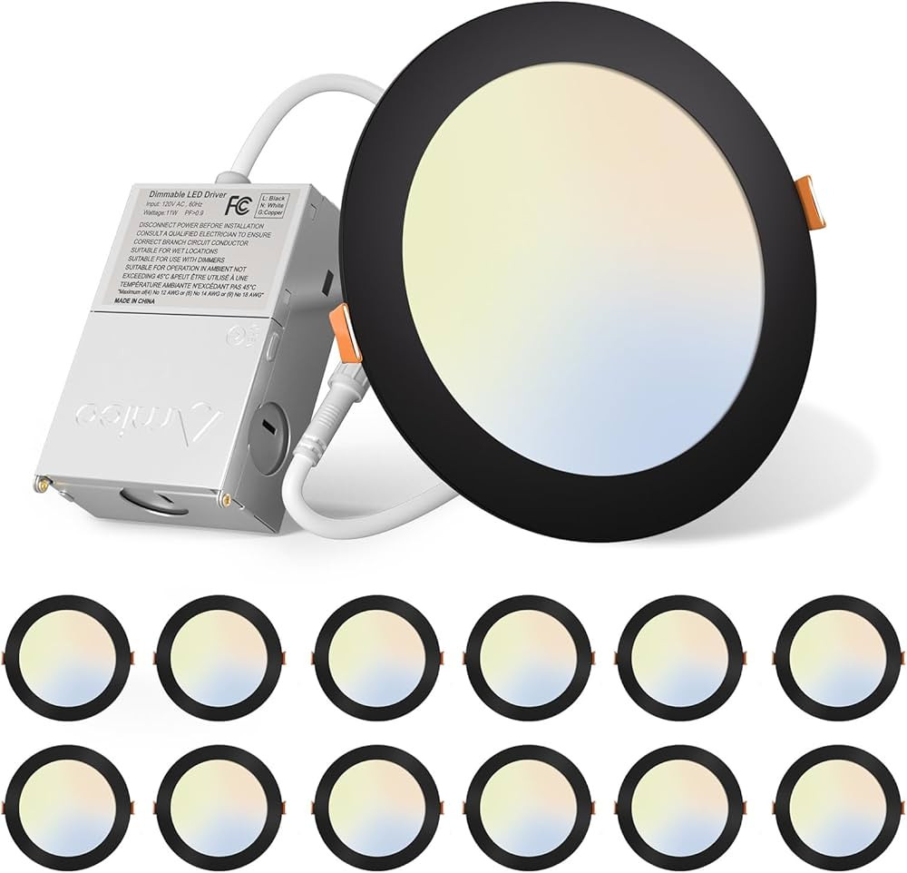 Amico 12 Pack 6 Inch 5CCT Ultra-Thin LED Recessed Ceiling Light with J-Box, 2700K/3000K/3500K/400... | Amazon (US)