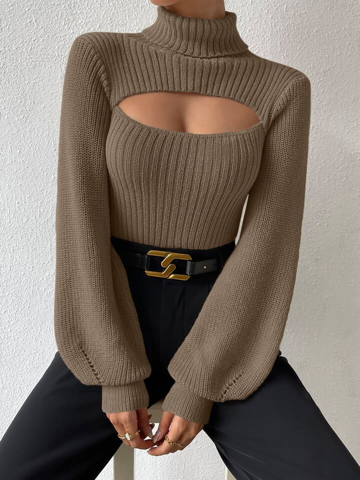SHEIN Privé Turtleneck Cut Out Eyelet Detail Sweater | SHEIN