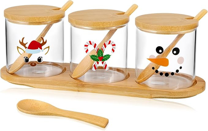 3 pcs Christmas Hot Cocoa Bar Supplies Glass Condiment Jars with Bamboo Lids Spoon Base Cocoa Mar... | Amazon (US)