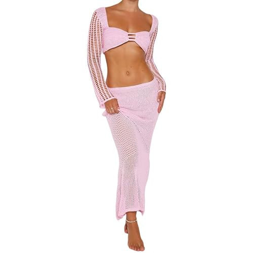 Women Crochet Knit 2 Piece Long Skirt Sets Hollow Out Crop Top Bodycon High Waist Side Slit Maxi Skirt Summer Sets C-Pink | Amazon (US)