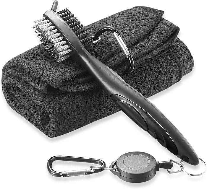 FUZVOL Black Golf Cleaner Brush and Microfibe Golf Towel Set Cleaning Kit Golf Brush Towel Portab... | Amazon (UK)