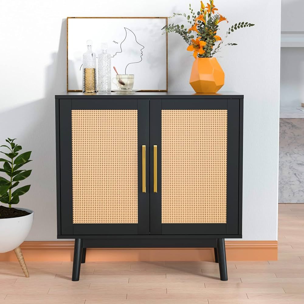 CARPETNAL Sideboard Buffet Cabinet, Modern Rattan Storage Cabinet with Double Doors and Adjustabl... | Amazon (US)