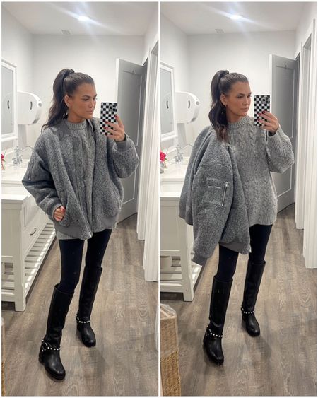 Winter Outfit OOTD 
-
Grey Bomber Jacket 
Grey cable knit oversized sweater 
Fleece lined leggings 
Ofida Studded Boot - Marc Fisher 



#LTKshoecrush #LTKstyletip #LTKSeasonal