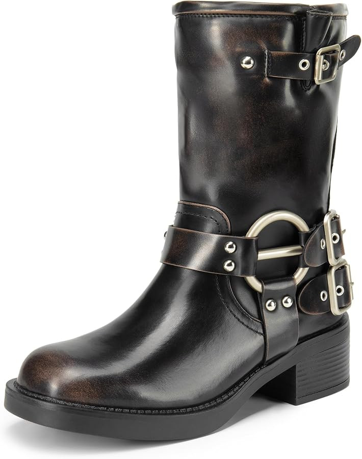 DREAM PAIRS Mid Calf Boots for Women, Square Toe Motorcycle Boots with Buckles, Women's Biker Boo... | Amazon (US)