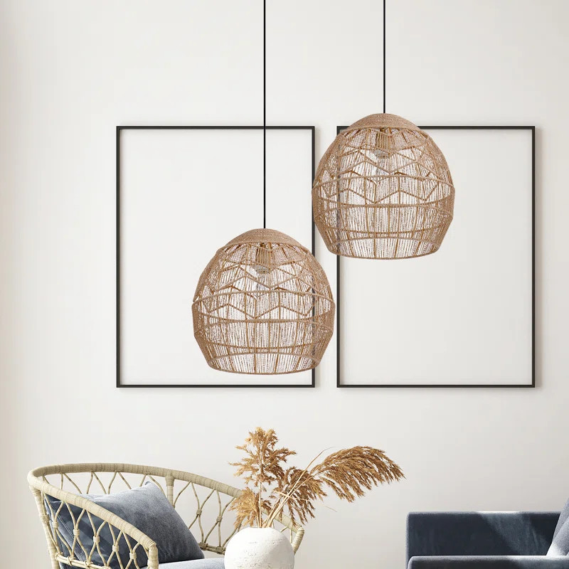 15.5" Ames Metal and Woven Hemp Rope Hanging Pendant, Brown | Wayfair North America