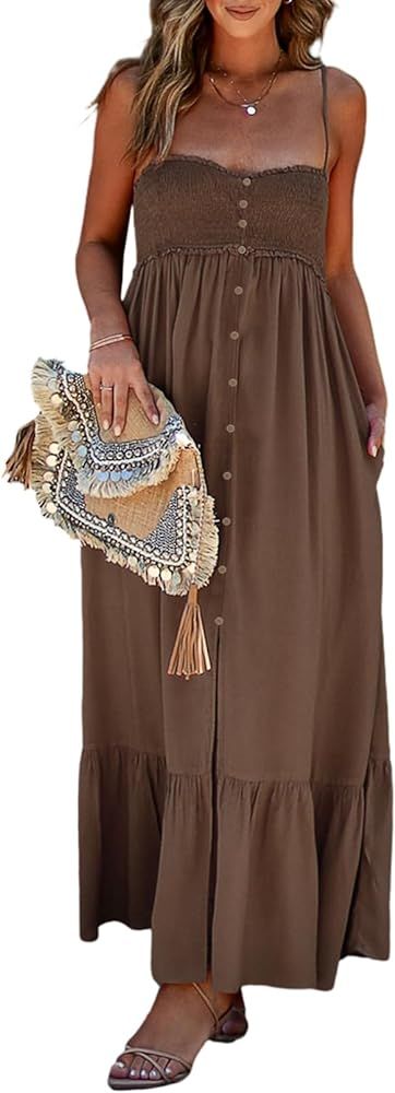 Womens Summer Dresses 2024 Sleeveless Spaghetti Strap Button Down Smocked Beach Long Maxi... | Amazon (US)