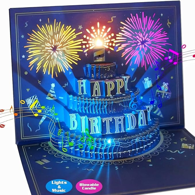 UPGRADED 3D Pop Up Firework Birthday Cards, Musical & LED Lights Birthday Cards with Blowable Bir... | Amazon (US)