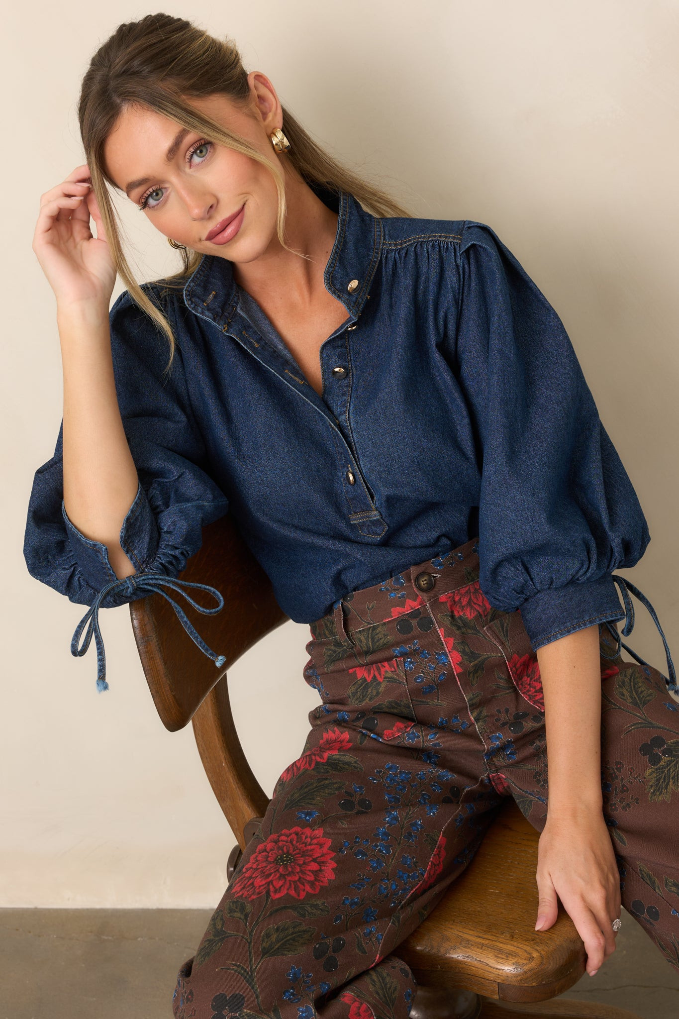 Now You Know Dark Wash Denim Balloon Sleeve Top | Red Dress