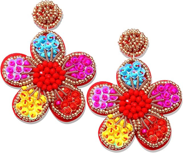Beaded Drop Earrings Statement Colorful Beaded Flower Earrings Handmade Bohemia Tropical Beadwork... | Amazon (US)